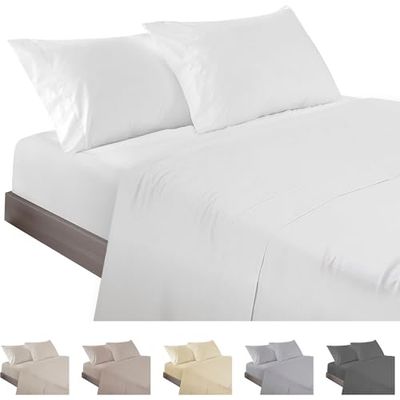 ECOMMERC3 Beddengoedset, 4-delig, voor bedden van 180 cm, gemaakt in Spanje, set met hoeslaken, dekbedovertrek en 2 kussenslopen 45 x 100 cm, wit