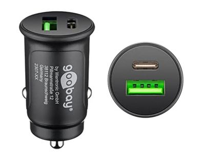 goobay 59521 2-portowa ładowarka samochodowa/samochodowa z USB-C PD (Power Delivery), mini zapalniczka z podwójnym USB, do samochodów osobowych i ciężarowych (12 V / 24 V), 27 W, czarna