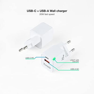 Cargador de Pared 20W USB-C/PD y USB-A/QC, Compacto y versátil, Ideal para Cargar Dispositivos móviles y electrónicos de Forma rápida.