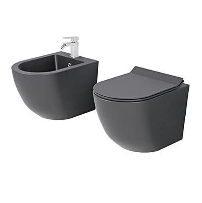 Set Coppia Sanitari Sospesi Senza Brida grigio Opaco Forma Arrotondata Coprivaso Soft-Close incluso