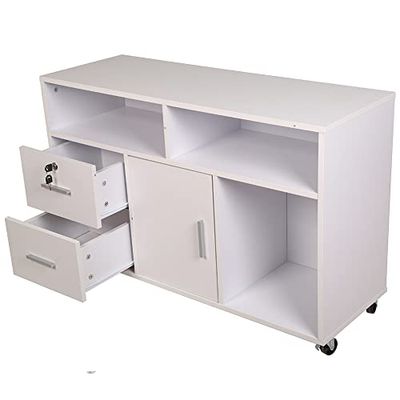BAKAJI Multifunktionell träskrivarhållare med 3 hyllor, 2 lådor med nyckel och 1 förvaringsskåp med fack, kontorsskåp arkiv dokumenthållare med rörliga hjul, 100 x 35 x 65 cm (vit)