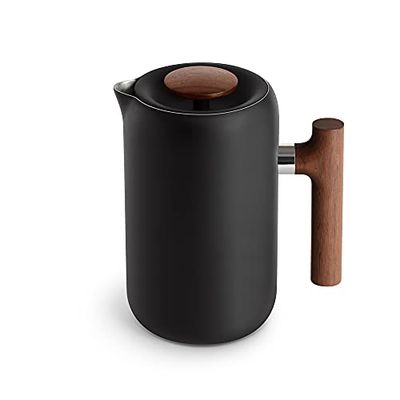 Caffettiera per pressatura francese Fellow Clara – Caffettiera a stantuffo portatile in acciaio inossidabile, caffettiera manuale isolata, nero opaco e noce con caraffa da 700 ml circa
