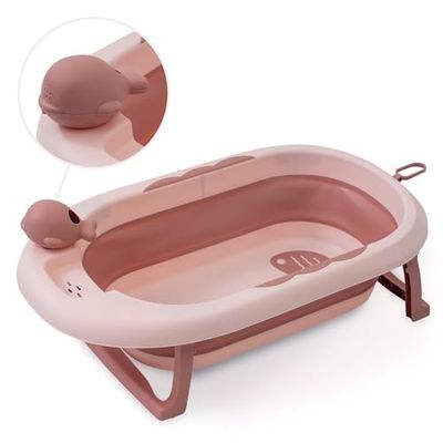 Interbaby Opvouwbare babybadje, 80 x 47 x 21 cm, opvouwbaar, met spoelbeker, antislip, luchtdicht deksel, draagbaar, eenvoudig op te bergen, comfortabel, roze