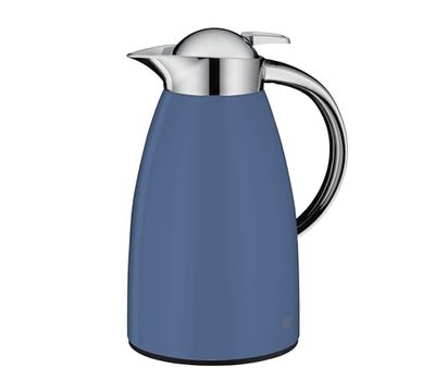 alfi SIGNO 1.0 L, Blue Matt, Stainless Steel Vacuum Flask with Hygienic Tempered Glass Insert, Screw Cap with Comfortable Push Button, Ergonomic Handle, with One Hand, Ideal as a Coffee Pot, Teapot