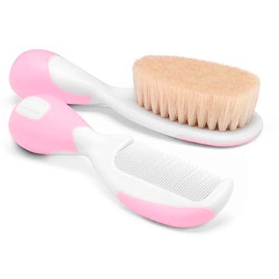 Chicco barns hårborste och kamset, babyborste med mjuka naturliga borst, kam med rundade spetsar, halkskydd - Babytillbehör 0+ månader, rosa