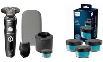 Philips Wet and Dry Electric Shaver S9000 Prestige SP9840/31, Lift&Cut System, SkinIQ Technology, Beard Styler, Cleaning Pod, Premium Pouch, with 3-Pack Quick Clean Pod Replacement Cartridge CC13/50