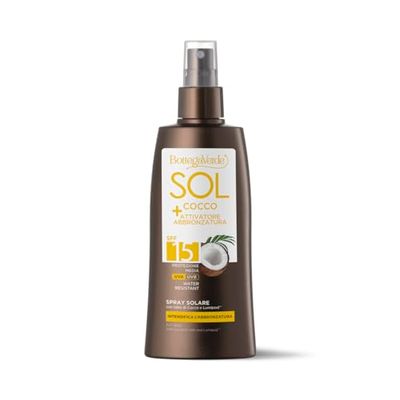 Bottega Verde - SOL Cocco + Attivatore di abbronzatura, spray solare, intensifica l’abbronzatura, 200 ml, con Latte di Cocco e Lumipod, water resistant, protezione media SPF15