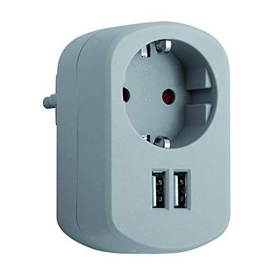 SIMON - Adattatore Combi, adattatore da viaggio con presa Schuko 16A e 2 prese USB, adattatore di corrente di ricarica da parete, ladro USB, colore grigio cenere