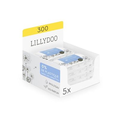 LILLYDOO Chusteczki nawilżane dla niemowląt z 99% wodą, 5 x 60 sztuk (300 chusteczek nawilżanych), w 100% bez plastiku, bez perfum i łagodnych jak wata i woda (FSC Mix)
