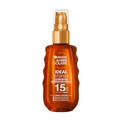 Garnier Olio Protettivo Abbronzante Spray, Protezione Media SPF 15+, Abbronzatura Dorata e Intensa, Pelle Protetta e Baciata dal Sole, Resistente all'Acqua, Ambre Solaire, Ideal Bronze, 150 ml
