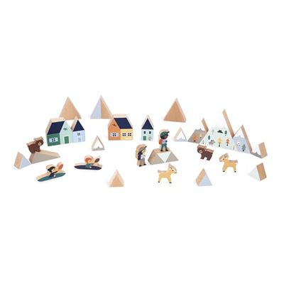 Janod Set de 34 Cubos de Madera Maciza-Tema Montaña Nevada-Complemento Ideal para Alfombrillas de Coche-Juguete de Construcción-Desarrolla la Imaginación-A Partir de 2 Años-J05947 (JURATOYS J05947)