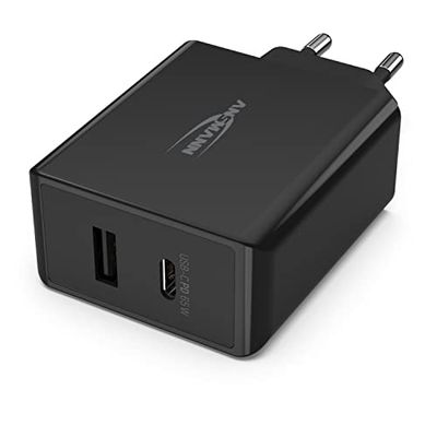 Ansmann Caricatore USB a 2 Porte da 60 W - USB C con Quick Charge 3.0 e Power Delivery Caricatore PD con Controllo Intelligente della Carica per Smartphone, Tablet e Laptop