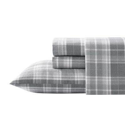 Laura Ashley Conjunto de cama de flanela de algodão, Mulholland Plaid Grey, casal duplo