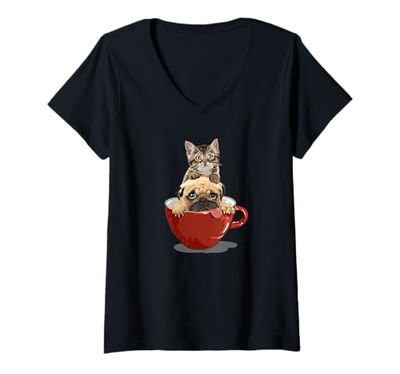 Donna Funny Pug & Gray Brown Tabby Kitten Cat in Coffee Mug Lover Maglietta con Collo a V