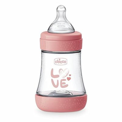 Chicco PERFECT 5 anti-koliek flesjes 150 ml, babyfles met langzame stroom 0 maanden + met zuignap van zachte siliconen, biofunctionele babyfles met intui-flow-systeem 150 ml, roze