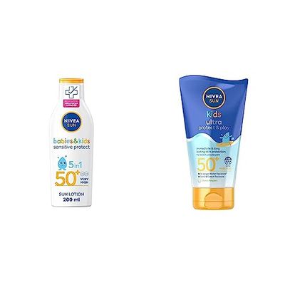 NIVEA SUN Kids Protect & Sensitive Sun Lotion (200ml) Sunscreen with SPF 50+, Kids Suncream & SUN Kids Swim & Play // Ultra Protect & Play SPF 50+ Lotion (150ml), Water-Resistant Sunscreen