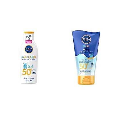 NIVEA SUN Kids Protect & Sensitive Sun Lotion (200ml) Sunscreen with SPF 50+, Kids Suncream & SUN Kids Swim & Play // Ultra Protect & Play SPF 50+ Lotion (150ml), Water-Resistant Sunscreen