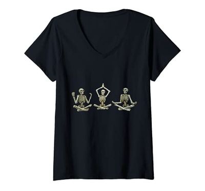 Donna Meditante Scheletro Yoga Workout Halloween Maglietta con Collo a V