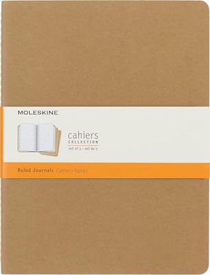 Moleskine Cahier Journal, Set 3 Notebooks with Ruled Pages, Cardboard Cover with Visible Cotton Stiching, Colour Kraft Brown, Extra Large 19 x 25 cm, 120 Pages
