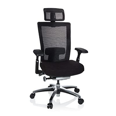 hjh OFFICE Nova Pro 657650 Professionele bureaustoel van netstof, zwart, ergonomisch met hoofdsteun