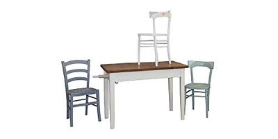 Toscanaccio, Tavolo da masseria trattato con tecnica shabby e top in legno rigenerato ed emulsionato con cera naturale. Con porta mattarello incorporato. N° 3 sedie trattate con tecnica shabby e decorazioni tipo “antica toscana”.