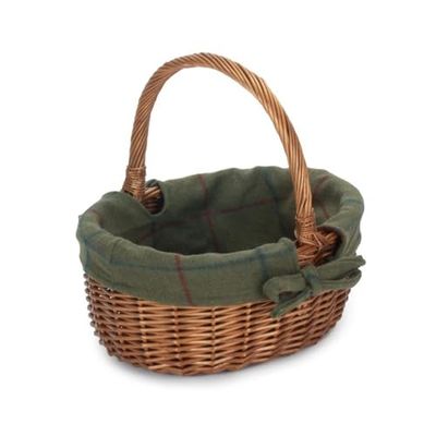 Double Steamed Oval Wicker Shopping Basket Green Tartan Lining