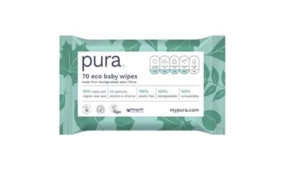 Pura Eco Friendly Baby Water Wipes 4 x 70 per pack, (280 Wet Wipes) 100% Plastic Free, 99% Water, Biodegradable, Compostable, Vegan, Suitable for Sensitive & Eczema Prone Skin, Newborn