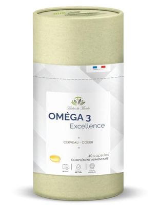 Herbes du Monde - Omega 3 Excellence : 40 Capsules d'Huile de Poisson - DHA/EPA, Absorption Optimale, Source Durable, 100% Oméga - 1 Boite