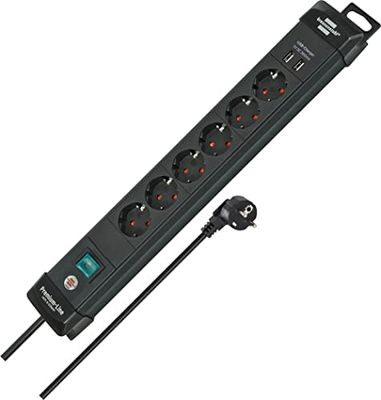 Brennenstuhl Premium-Line extensão de tomadas com 6 tomadas de energia e USB (cabo de 3 m, carregamento USB, interruptor, montável, Made in Germany) preto
