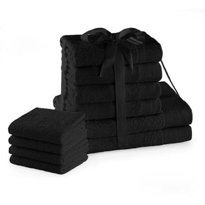 AmeliaHome Amari Lot de 4 Serviettes de Toilette Noir 30 x 50 cm 4 Serviettes de Toilette 50 x 100 cm et 2 Serviettes de Douche 70 x 140 cm 100% Coton Absorbant