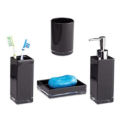 Relaxdays Bath Accessories 4-Piece Set, Toothbrush Holder, Tumbler, Soap Dispenser and Dish, Black, 19.5 x 5.5 x 5.5