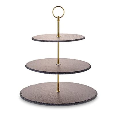 ECHTWERK Etagère/plateau de service pour pâtisseries, fruits, fromages et desserts en ardoise naturelle avec 3 niveaux et poignée métallique, édition or, Ø ardoise env. 20/25/ 30 cm, faïence