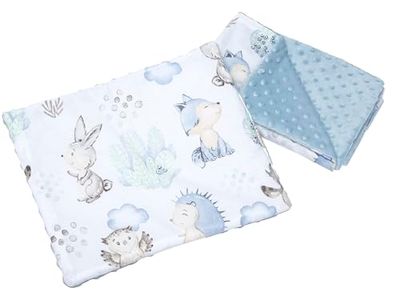 Medi Partners Couverture bébé avec Oreiller 100% Coton Minky Couverture Enfant 55x75 + 35x30cm Multifonctionnel pour Poussette siège bébé Berceau (Cerf et hérisson avec Minky Bleu Clair)