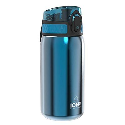 ION8 Lichtgewicht Stalen Kinderwaterfles, 400 ml/13 oz, Zonder Isolatie, Lekvrij, Makkelijk te Openen, Veilige Vergrendeling, Vaatwasserbestendig, Flipdop, Draaggreep, Duurzaam, Blauw