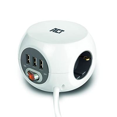 ACT uttagskub med USB, 3-vägs grenuttag USB, USB-A 3-port, med strömbrytare, flera uttag kub kabellängd 3 m – AC2410