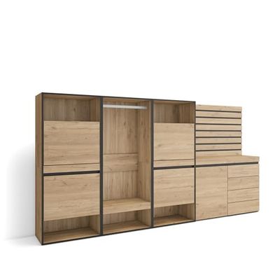 Skraut Home | Meuble à Chaussures | Meuble Rangement Chaussures | 287x145x35 cm | Chambre à Coucher, pièce | Vestiaire Ouvert | Commode, Buffet | Panneaux Muraux en Bois | Style Moderne | Chêne