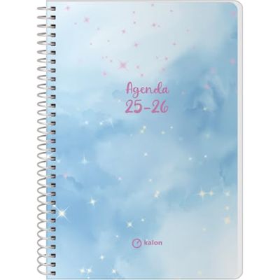 Q Kalon - Schoolagenda 2025 2026 - Weekoverzicht, Formaat A5 (15x21 cm), Spaans en Engels, September tot Juni, Spiraalsluiting, Flexibele Kaft met Plastic Bescherming - Sky