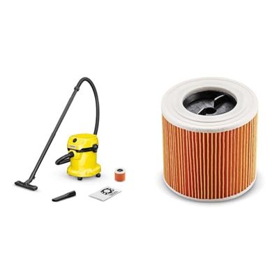 Bundle of Kärcher WD 2 Plus V-15/4/18/C 1.628-016.0, Wet & Dry Vacuum, Yellow, 1000W, 15 liters, 79.2 Decibeles + Kärcher Cartridge Filter KFI 3310: 1 piece, custom-fit for Wet and Dry Vacuum Cleaners