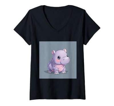 Mujer Lindo hipopótamo de Dibujos Animados hipopótamo Chibi Lindo Camiseta Cuello V