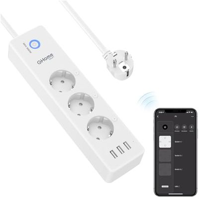 Intelligente wifi-stekkerdoos, 3 stopcontacten, 16 A en 3 USB, meet het stroomverbruik, compatibel met Alexa en Google Home, timerfunctie, 1,5 m, 2,4 GHz