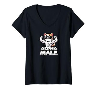Donna Alpha Feline Male Funny Sunglasses Cat Graphic Animal Humor Maglietta con Collo a V