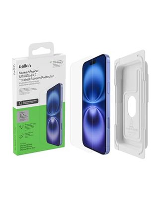 Belkin ScreenForce UltraGlass 2 antimicrobiële screenprotector voor iPhone 15 Plus, kraswerend, slim vormgegeven glas met een hardheid van 9H, met bevestigingsframe voor luchtbelvrij aanbrengen