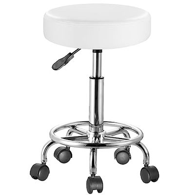 BAKAJI Kruk met wielen, rond, zitvlak van kunstleer en stalen voet, 360 graden draaibaar, in hoogte verstelbaar, 10 cm dikke bekleding, ideaal voor bar, thuis, schoonheidsspecialist, dokterspraktijk