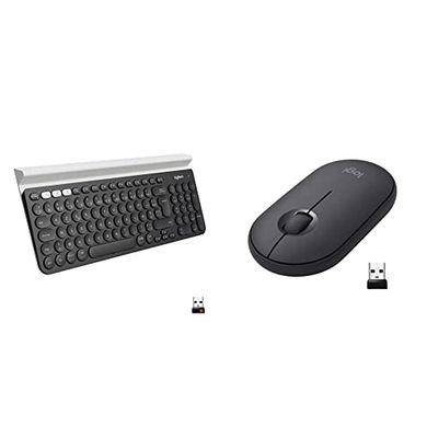 Logitech K780 Multi-Device Wireless Keyboard - Dark Grey/White & Pebble Wireless Mouse, Bluetooth or 2.4 GHz with USB Mini-Receiver, Silent, Slim Computer Mouse with Quiet Click - Graphite/Black