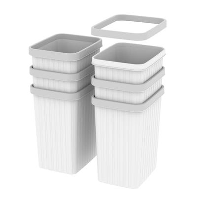Cetomo 8.2L*6 Plastic Waste Paper Bin, Trash Can, Small Bins, Bedroom Bin, Square Waste Basket with Rim Lid and Solid Stripe for Kitchen Rooms, Nesting, Matte, Frosted, Minimalist, White, 8.2L(6 Pack)