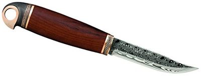 Marttiini Unisex – Coltello da Collezione, 120 Strati, in Acciaio Damascato, con Manico in Legno di Betulla, Inserti in Bronzo, Fodero in Pelle, Scatola di Legno, Blu, M