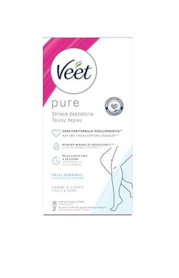 Veet Strisce Depilatorie Viso, Gambe, Corpo e Zona Bikini, Ipoallergeniche e Dermatologicamente Testate, 16 Strisce (8x2 Strisce) + Salviette Post-Epilazione Idratanti