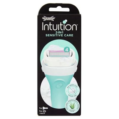 Wilkinson Sword Intuition 2in1 Sensitive Care, Confezione con 1 Manico, 1 Testina Montata, Rasoio Guadrilama Donna con Sapone Naturale, Contiene Aloe Vera
