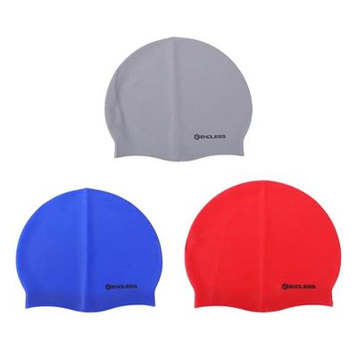 Endless 3-Pack Silicone Swim Cap Set – Leak-Proof, Soft & Stretchy Caps for Men & Women | Comfortable Fit for Long Hair | Perfect for Pool and Open Water|Blue, Red, Silver