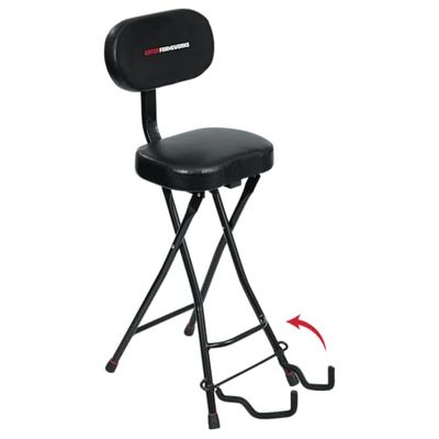 Gator Frameworks gitarrsäte med vadderad kudde, ergonomiskt ryggstöd och utfällbart gitarrstativ; rymmer både akustiska och elektriska gitarrer (GFW-GTR-SEAT)